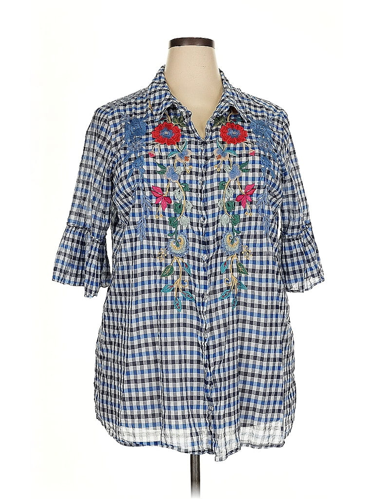 Johnny Was Checkered-gingham Blue 3/4 Sleeve Button-Down Shirt Size 2X - photo 1