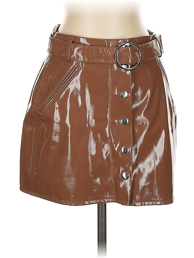 Brown Faux Leather Skirt with Single Slit BCHN-2526475 - Barnsley main image 1