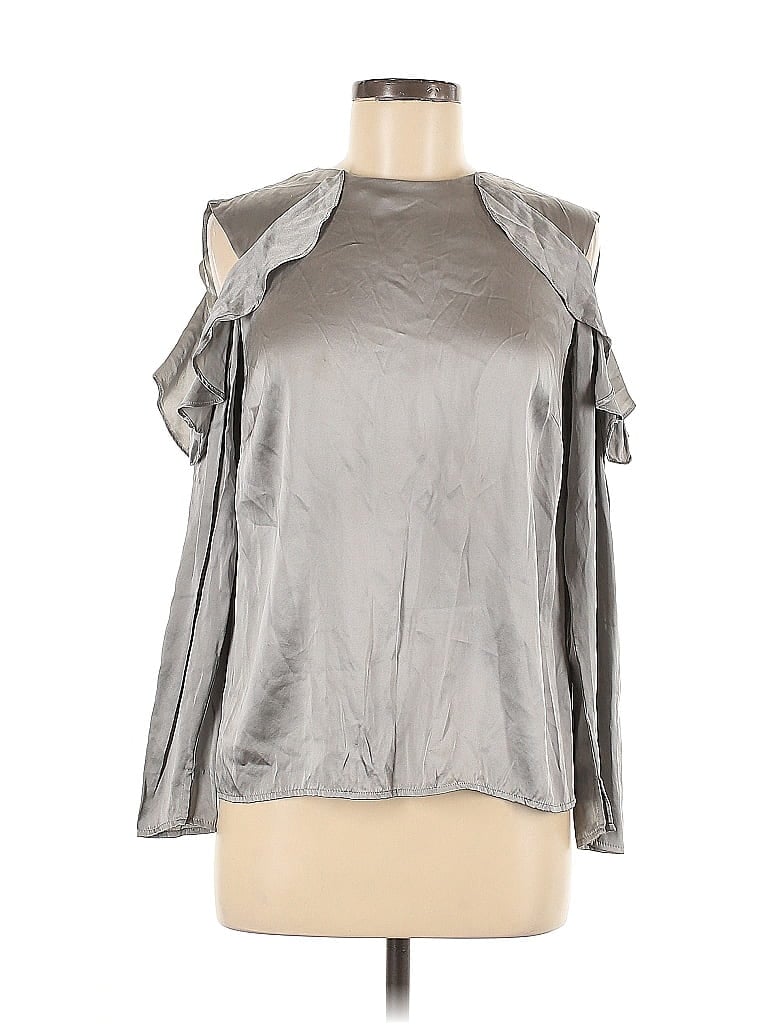 Click to view more detailed imagery on our partner's website Pre-owned Antonio Melani 3/4 Sleeve Silk Top Silver Metallic Pattern Cold Shoulder Neckline Tops
