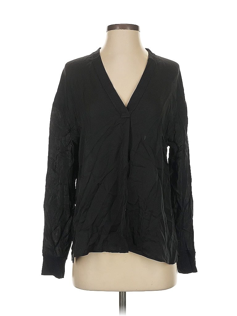 Pre-owned Vince Long Sleeve Silk Top Black Plunge Neckline Tops