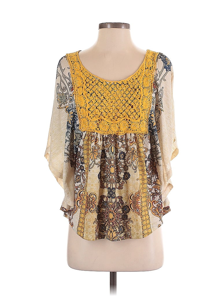 One World 100% Polyester Yellow Ivory 3/4 Sleeve Blouse Size XS - photo 1