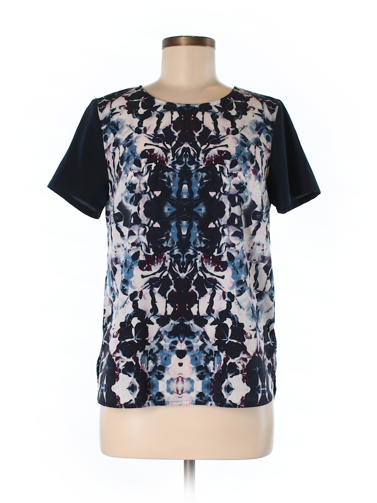 Cynthia Rowley TJX 100% Polyester Print Dark Blue Short Sleeve Blouse ...