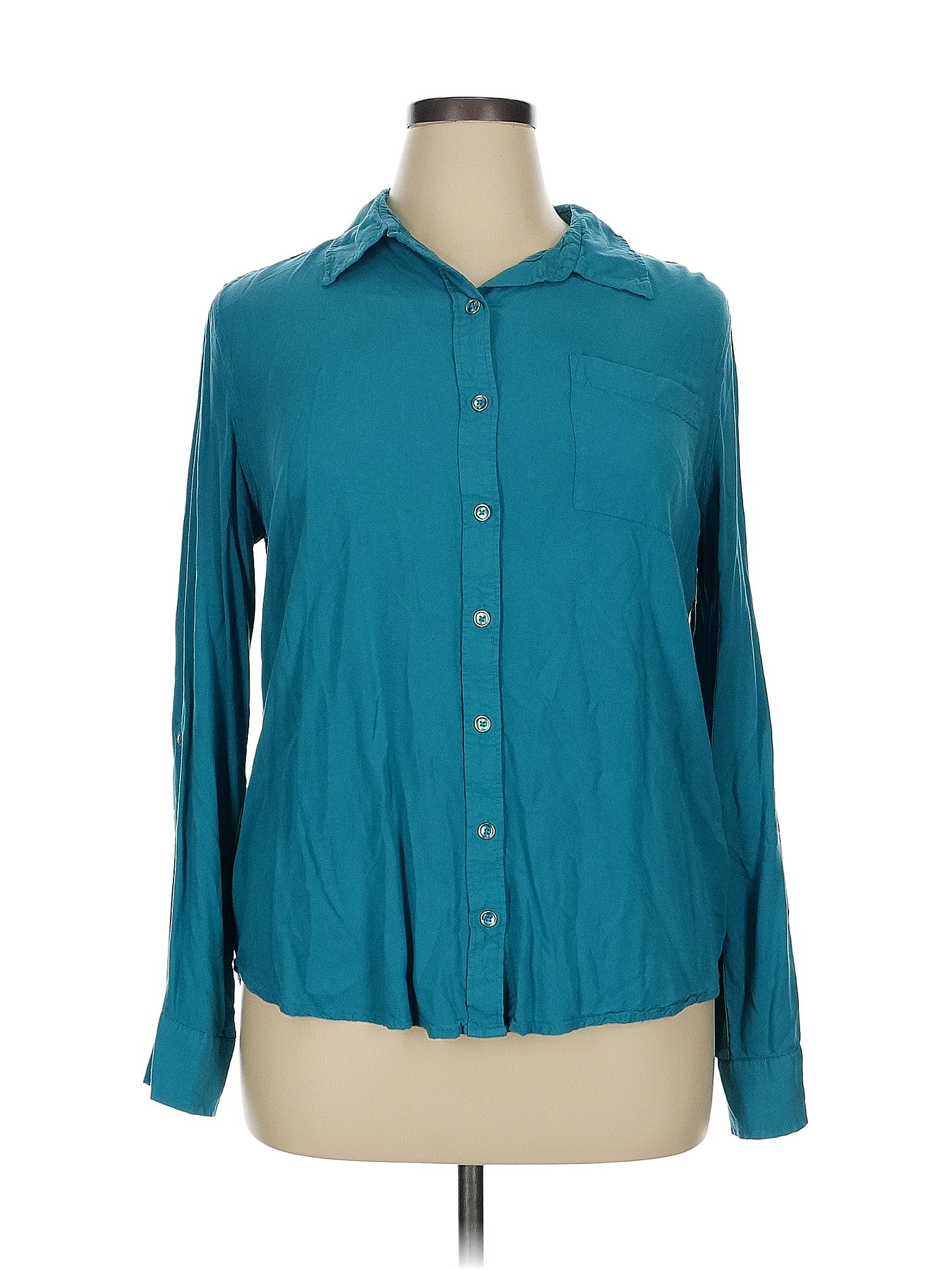 White Stag 100% Rayon Teal Long Sleeve Button-Down Shirt Size XL