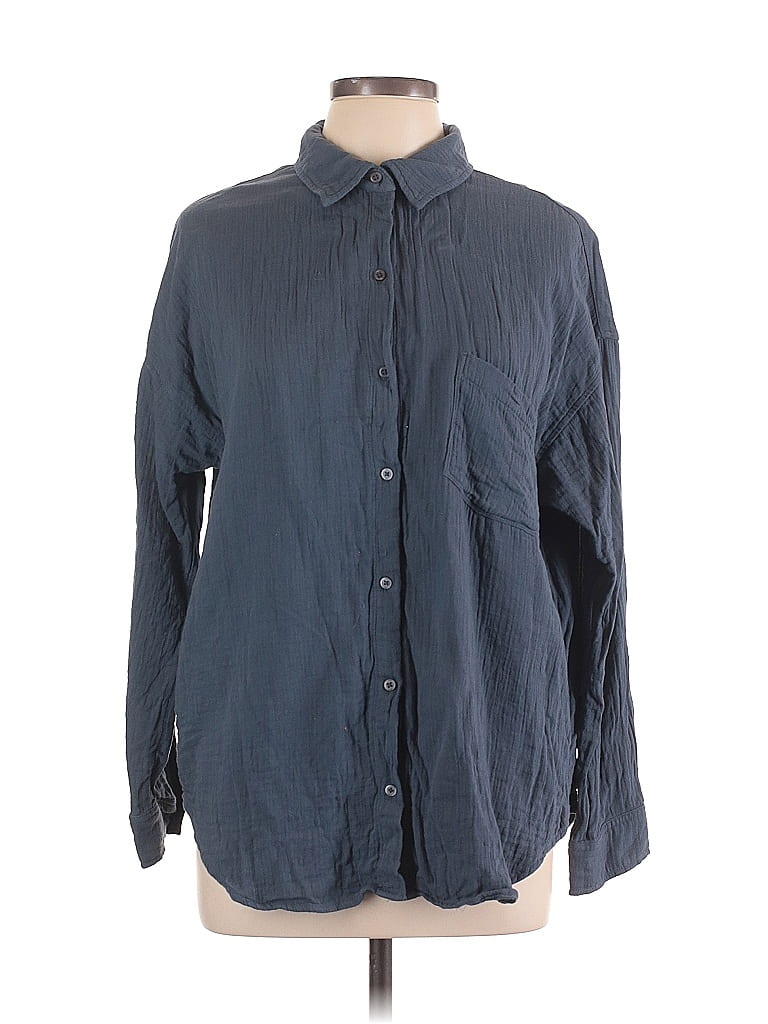 Ann Taylor LOFT Outlet 100% Cotton Solid Blue Long Sleeve Button-Down Shirt Size L - photo 1