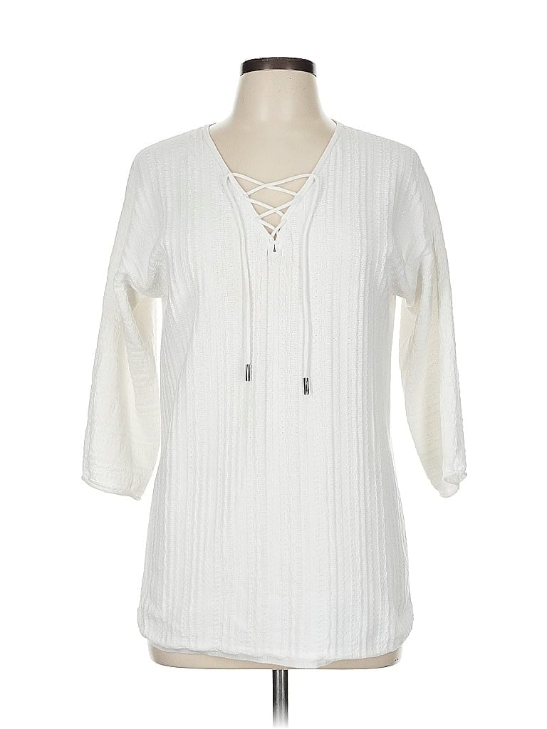 Damask 100% Cotton Ivory White 3/4 Sleeve Blouse Size M - photo 1