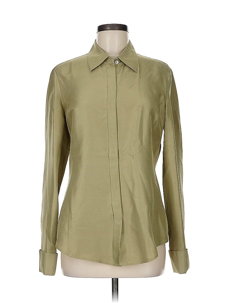 Pre-owned Anne Klein Long Sleeve Silk Top Green Solid Pattern Collared Neckline Tops