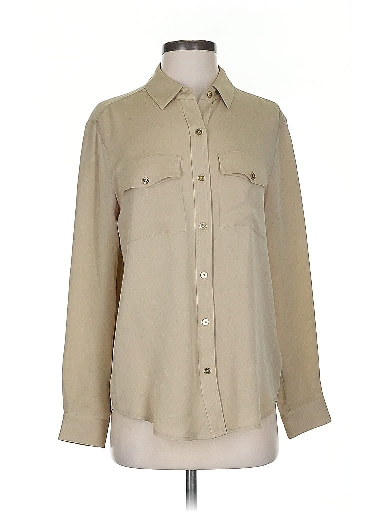 Click to view more detailed imagery on our partner's website Pre-owned Michael Michael Kors Long Sleeve Silk Top Tan Collared Neckline Tops In Brown
