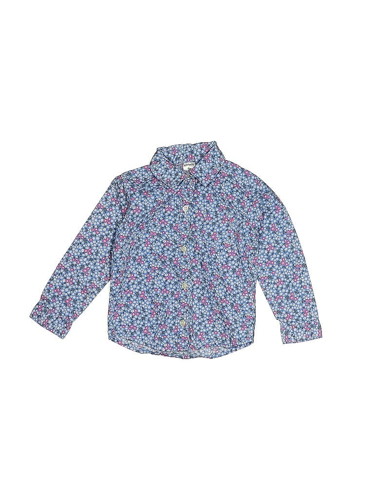 Carter's 100% Cotton Floral Blue Long Sleeve Button-Down Shirt Size 3T - photo 1