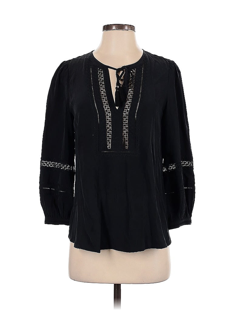 Pre-owned Joie 3/4 Sleeve Silk Top Black Keyhole Neckline Tops