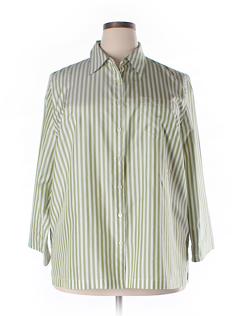 Jones New York Signature 100% Polyester Stripes Green Long Sleeve ...