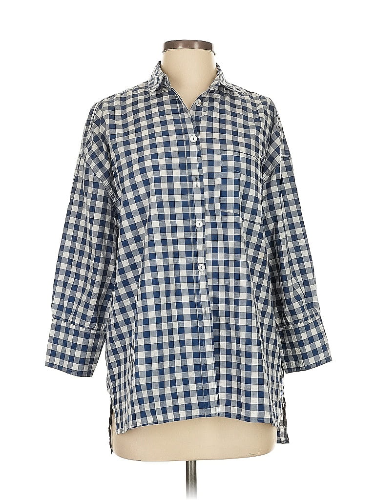 Pomander Place Checkered-gingham Blue 3/4 Sleeve Button-Down Shirt Size S - photo 1