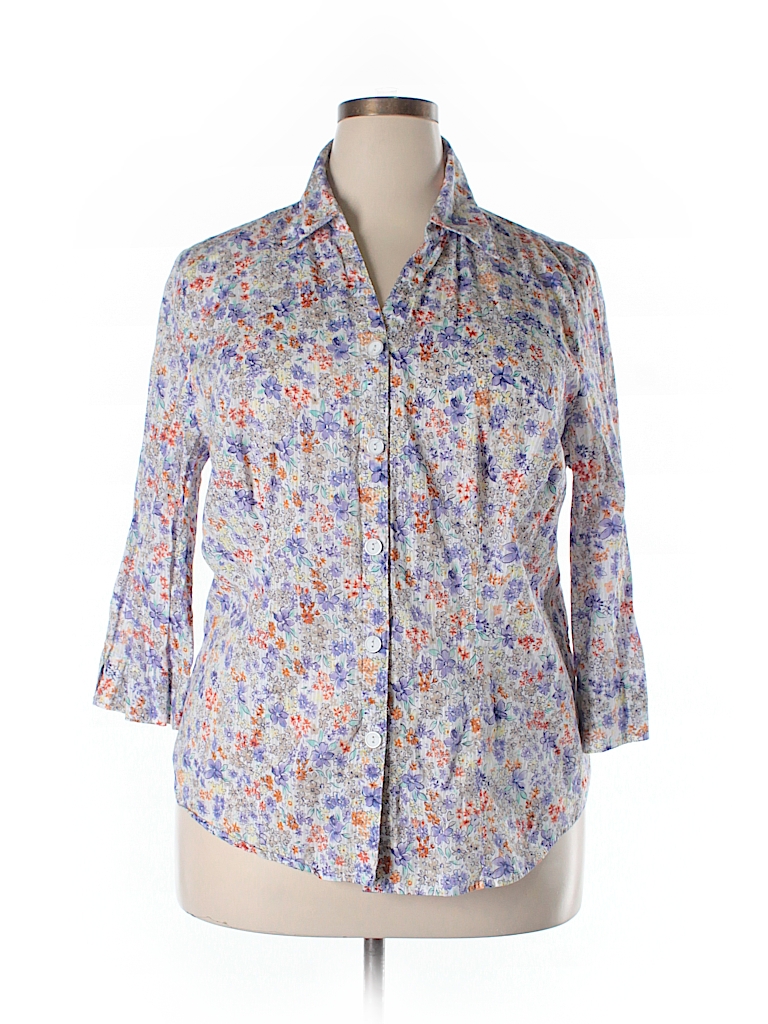 Alfred Dunner 100% Cotton Floral Purple 3/4 Sleeve Button-Down Shirt ...