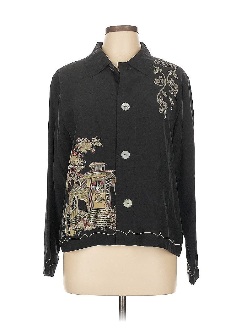 Chico's Design 100% Silk Print Black Long Sleeve Silk Top Size L - photo 1