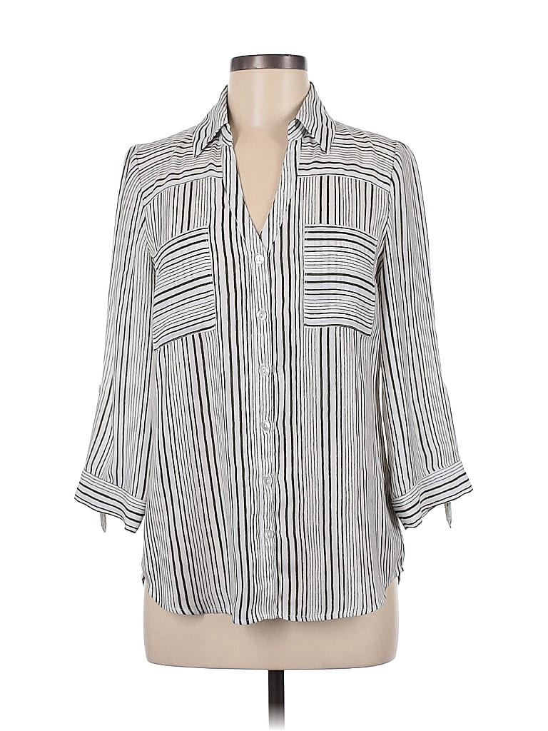 Fortune + Ivy 100% Polyester Stripes Gray 3/4 Sleeve Blouse Size M - photo 1