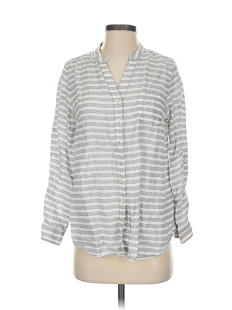 Coldwater Creek 100% Linen Stripes Gray 3/4 Sleeve Button-Down Shirt Size S - photo 1