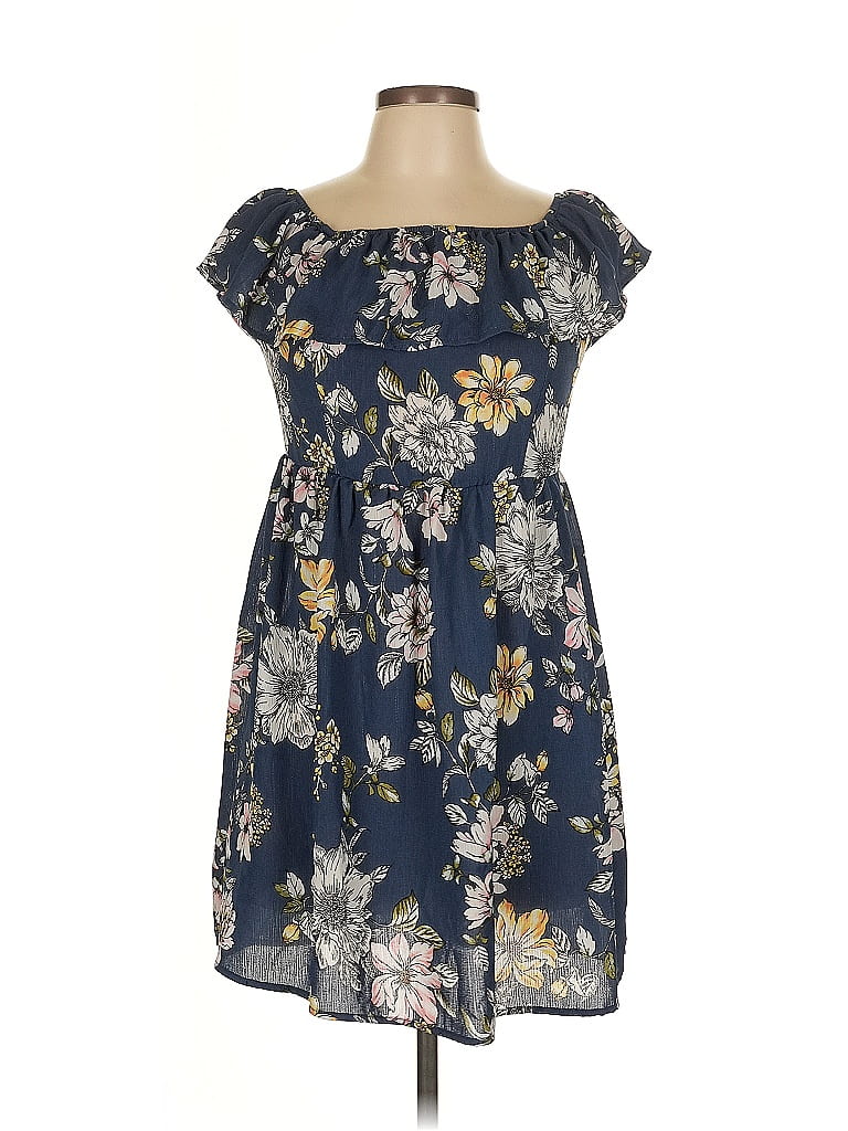 Xhilaration 100% Polyester Floral Blue Casual Dress Size L - photo 1