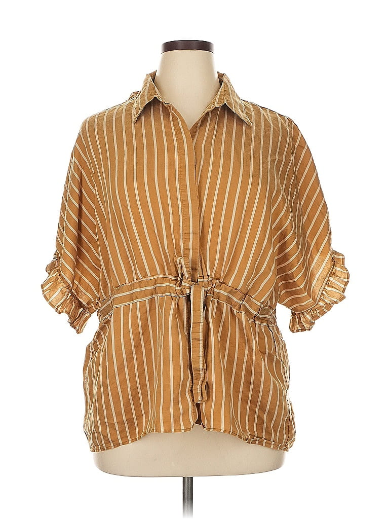 Zara Stripes Brown 3/4 Sleeve Button-Down Shirt Size XL - photo 1