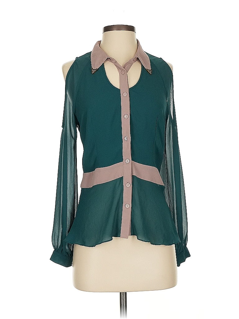 Naked Zebra 100% Polyester Color Block Teal Long Sleeve Blouse Size S - photo 1