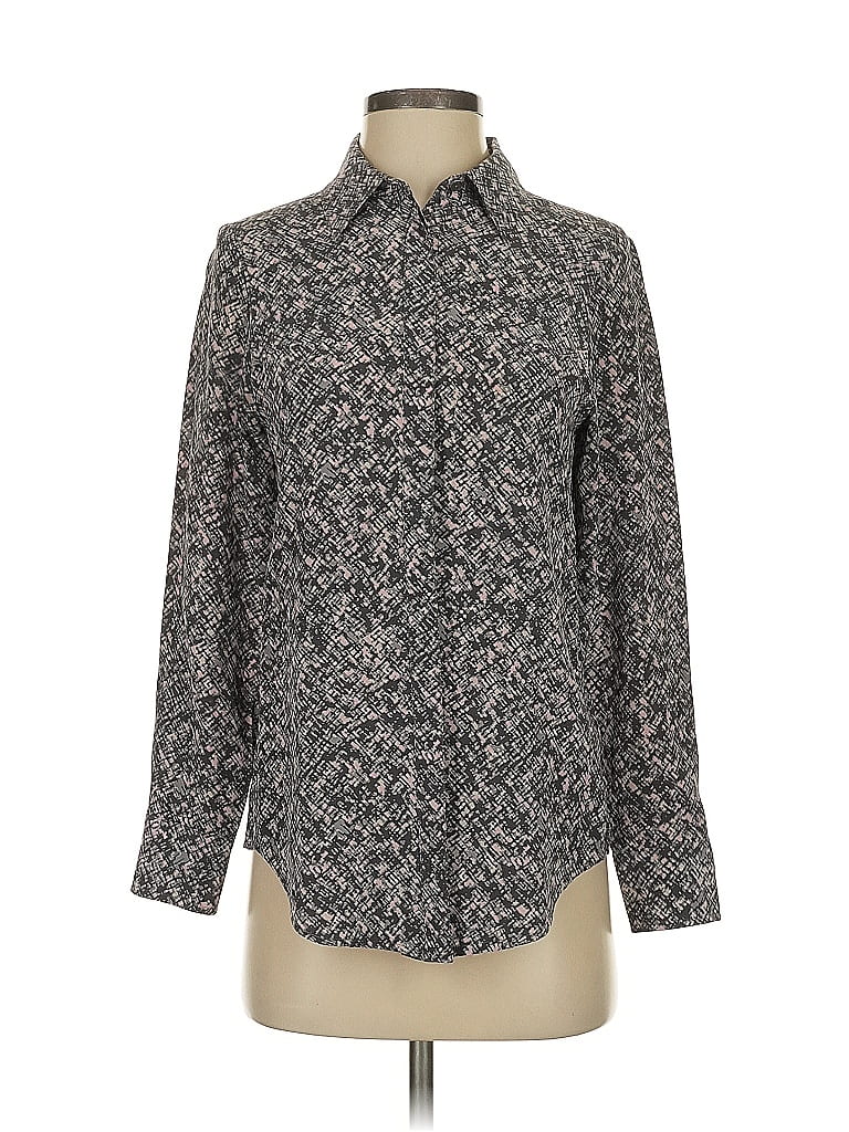 Pre-owned Worth Long Sleeve Silk Top Gray Tweed Pattern Mock Neckline Tops