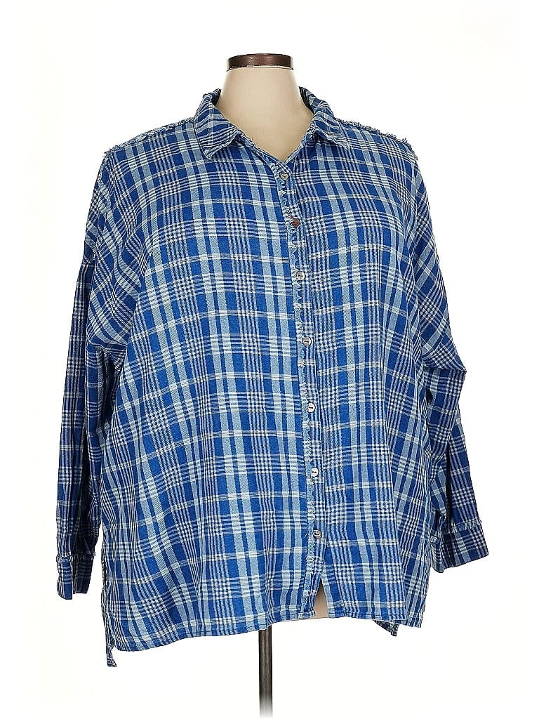 Peach Love 100% Cotton Plaid Blue 3/4 Sleeve Button-Down Shirt Size 4X - photo 1