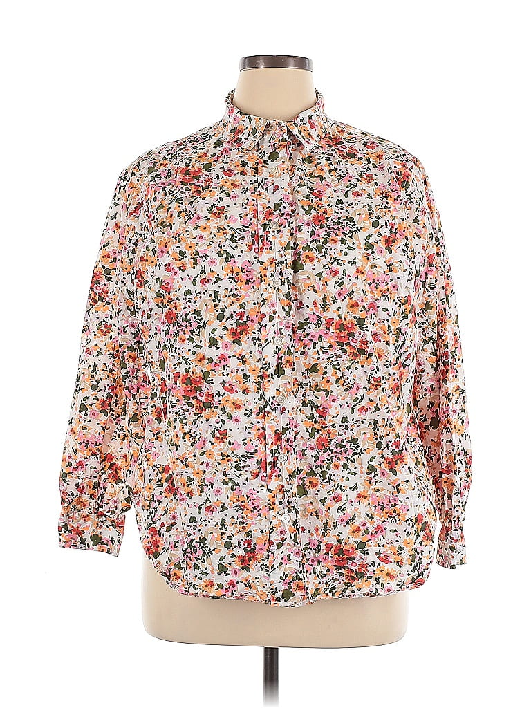 Liz Claiborne 100% Cotton Floral Ivory 3/4 Sleeve Button-Down Shirt