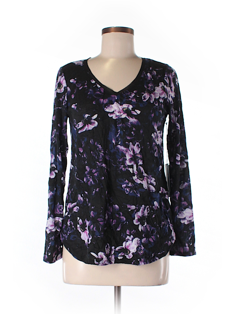 Simply Vera Vera Wang 100% Polyester Floral Black Long Sleeve T-Shirt ...