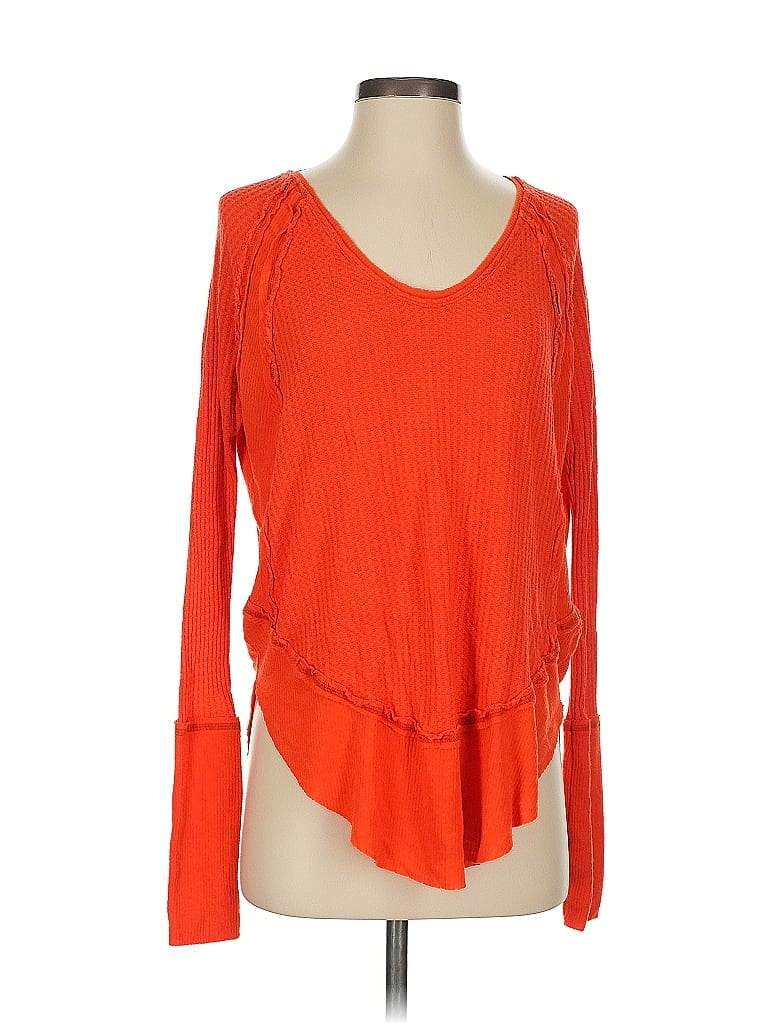 WE THE FREE Pre-owned Long Sleeve Top Orange Solid Pattern V-neck Tops