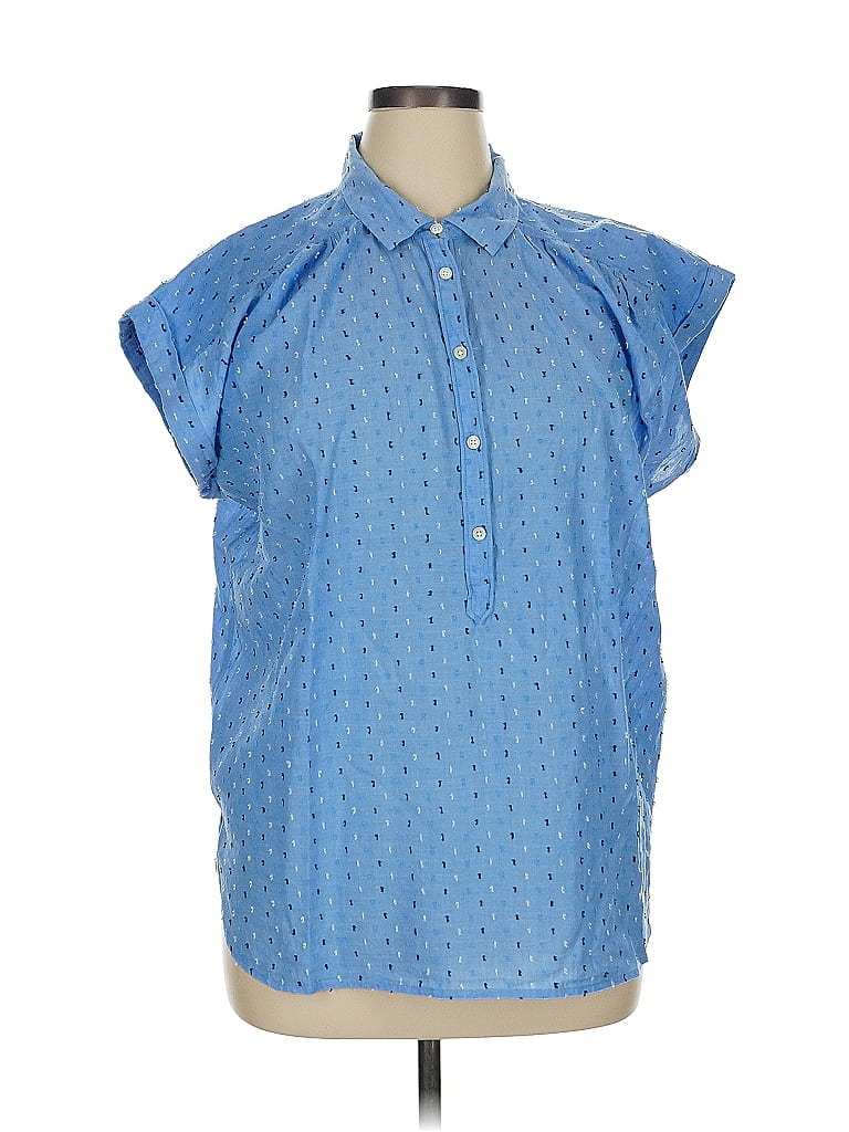Ann Taylor LOFT 100% Cotton Polka Dots Blue Short Sleeve Blouse Size XL - photo 1