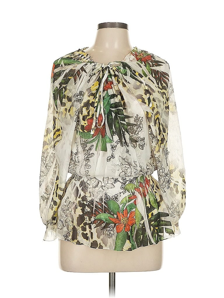 Pre-owned Just Black 3/4 Sleeve Silk Top Ivory Plunge Neckline Tops In White