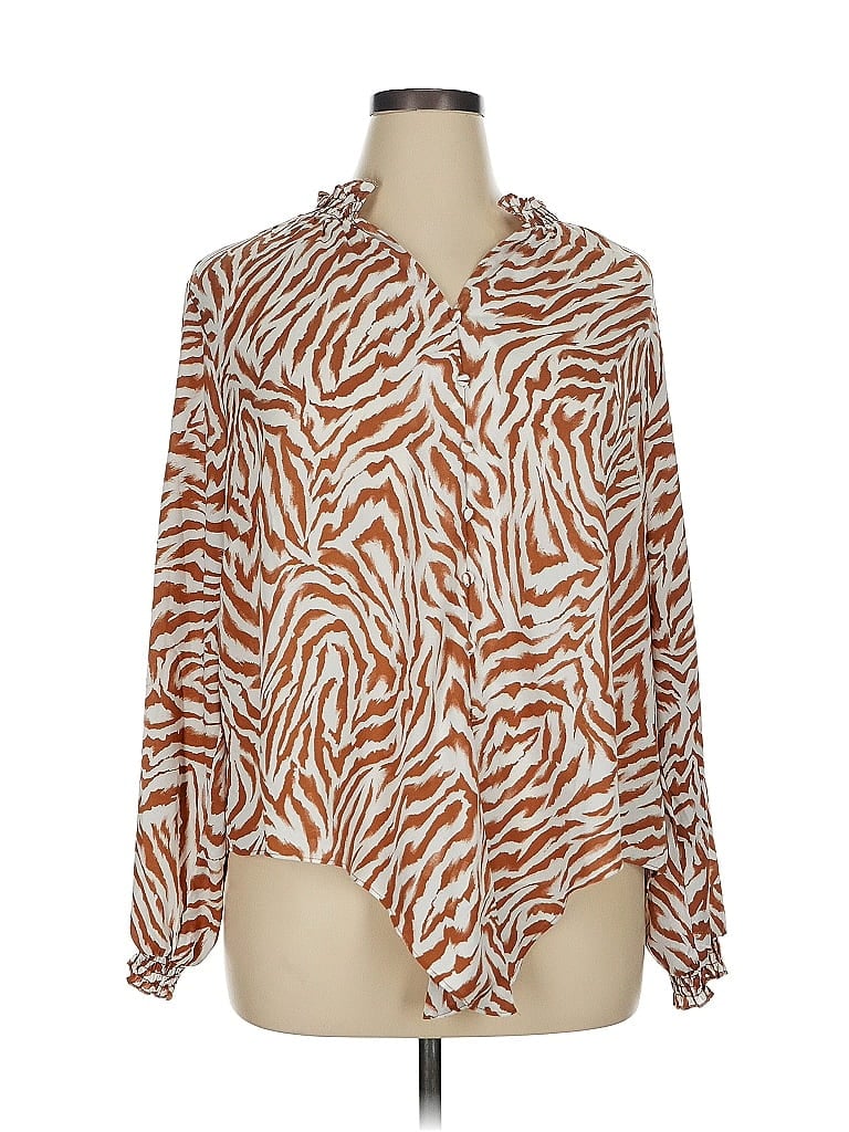 Belle By Kim Gravel 100% Polyester Animal Print Brown Long Sleeve Blouse Size 1X - photo 1