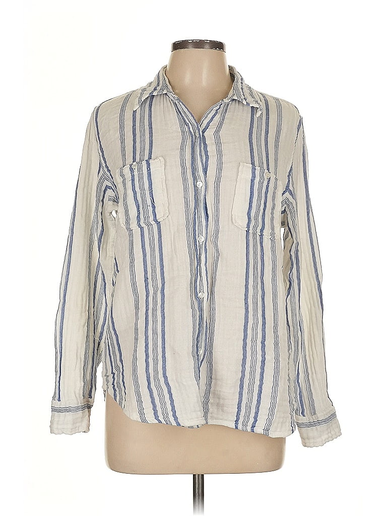 Nili Lotan 100% Cotton Stripes Ivory 3/4 Sleeve Button-Down Shirt Size L - photo 1
