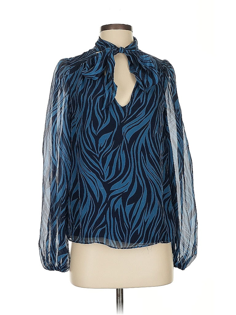 Pre-owned Ramy Brook Long Sleeve Silk Top Blue Tie Neck Tops