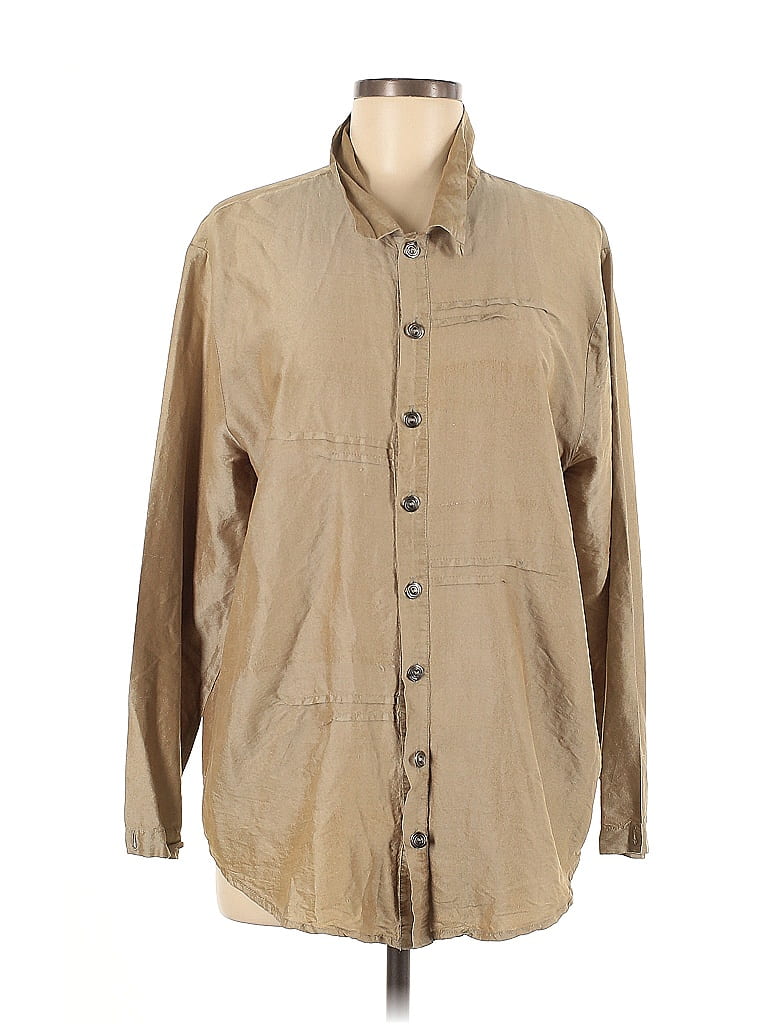 Flax 100% Silk Solid Tan Long Sleeve Silk Top Size 6 - photo 1