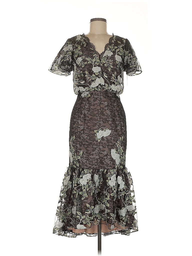 Aidan Mattox Forest Green and Black Beaded Off Shoulder Cocktail Dress