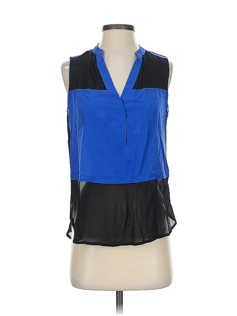 Pre-owned Intermix Sleeveless Silk Top Blue Color Block Pattern Halter Neckline Tops
