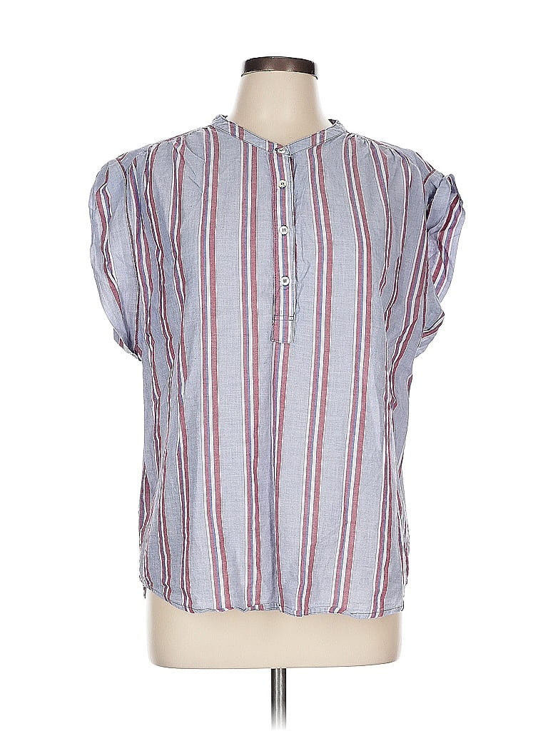 Xirena 100% Cotton Stripes Blue Silver Short Sleeve Blouse Size L - photo 1