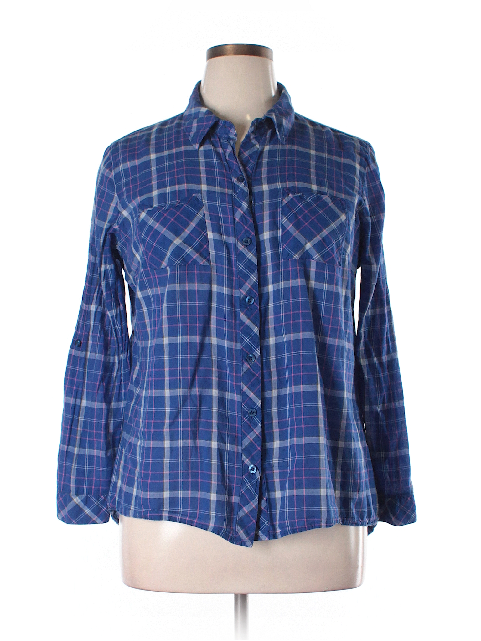 Torrid 100% Cotton Plaid Dark Blue Long Sleeve Button-Down Shirt Size ...