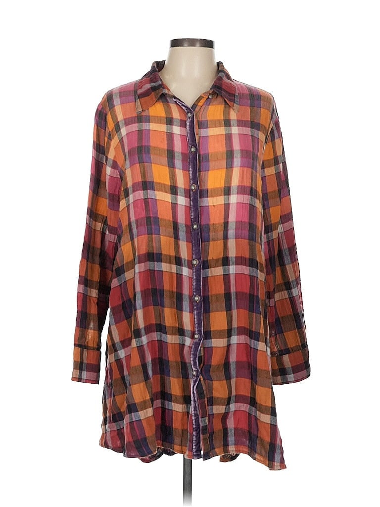 Soft Surroundings Plaid Checkered-gingham Pink Burgundy 3/4 Sleeve Button-Down Shirt Size L - photo 1