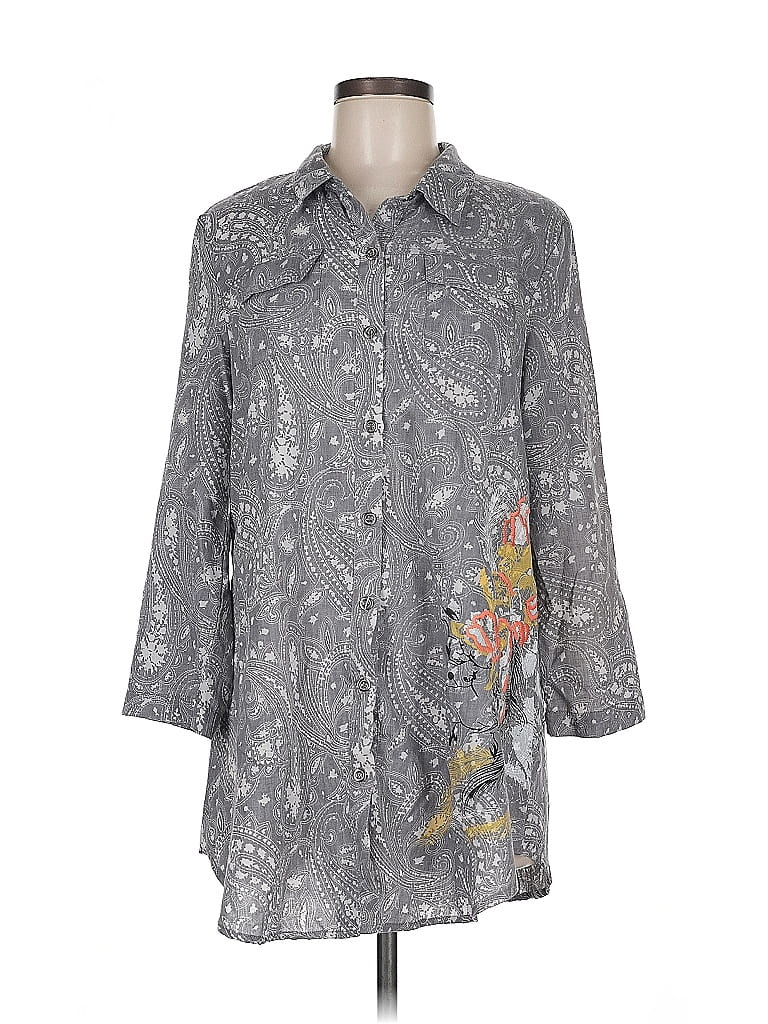 Mystree Paisley Gray 3/4 Sleeve Button-Down Shirt Size M - photo 1