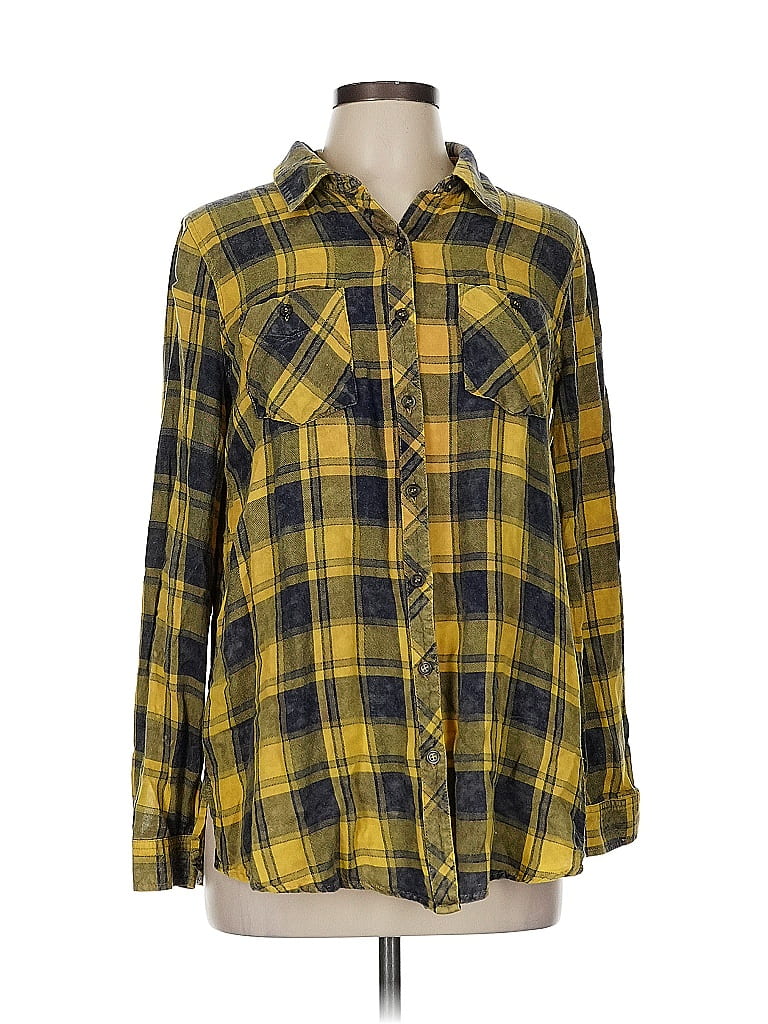 Mystree 100% Rayon Plaid Yellow Long Sleeve Button-Down Shirt Size M - photo 1