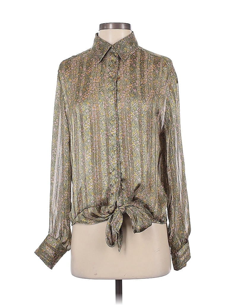 Pre-owned Elan Long Sleeve Blouse In Green