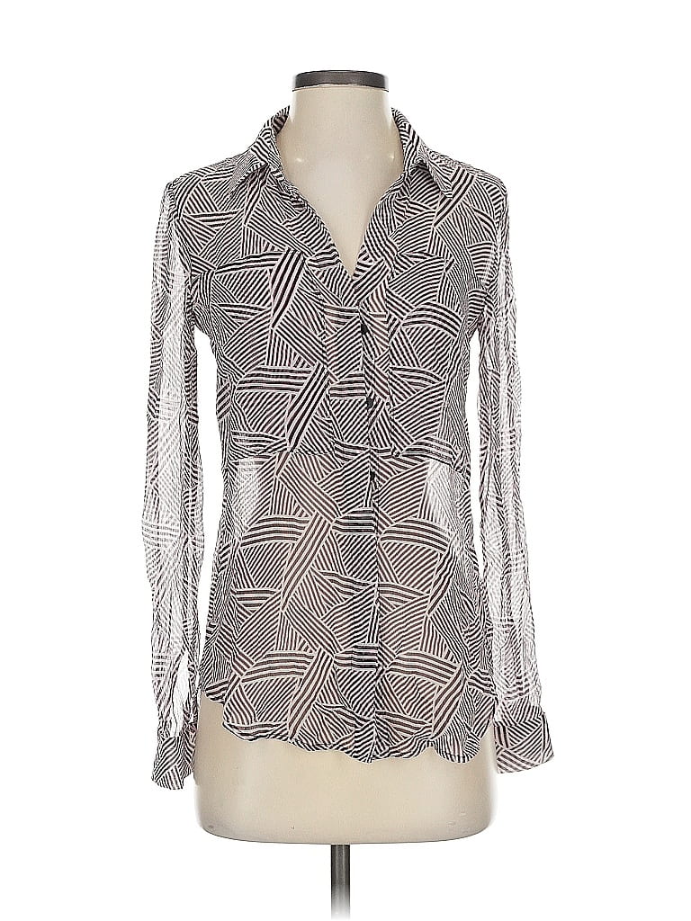 Pre-owned Theory Long Sleeve Silk Top Gray Houndstooth Pattern Square Neckline Tops