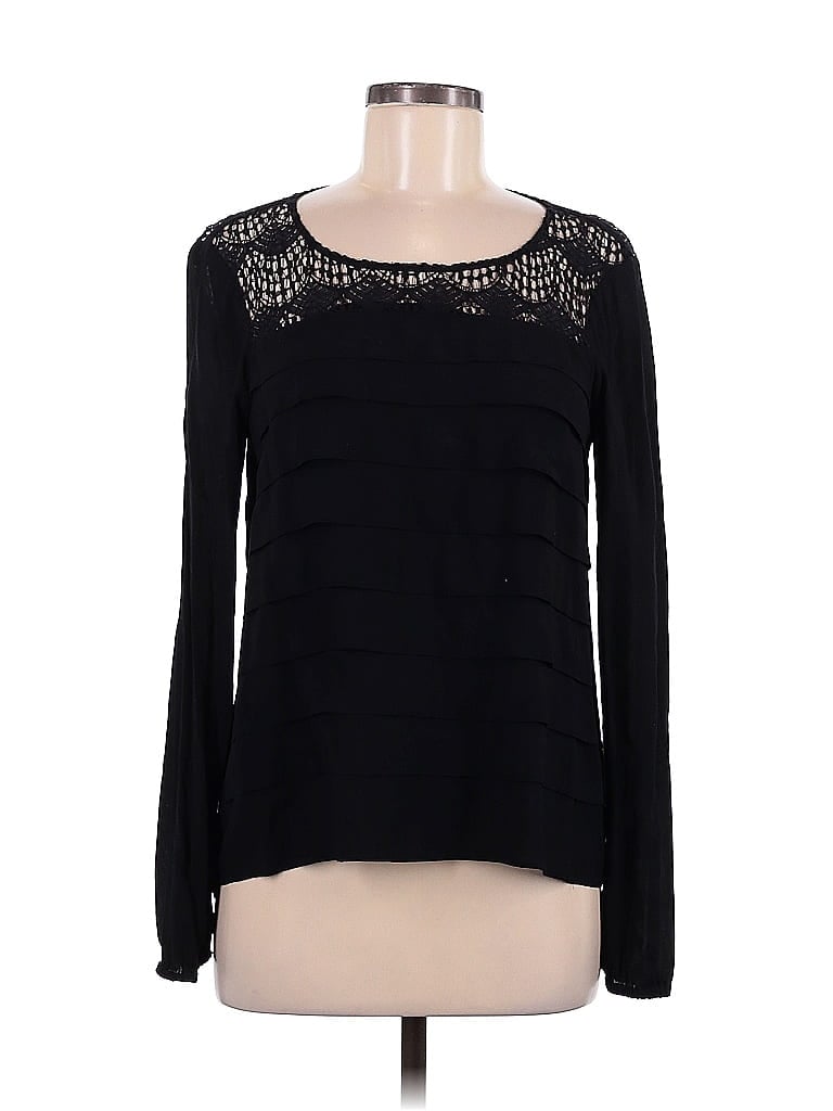Pre-owned Ella Moss Long Sleeve Top Black Keyhole Neckline Tops