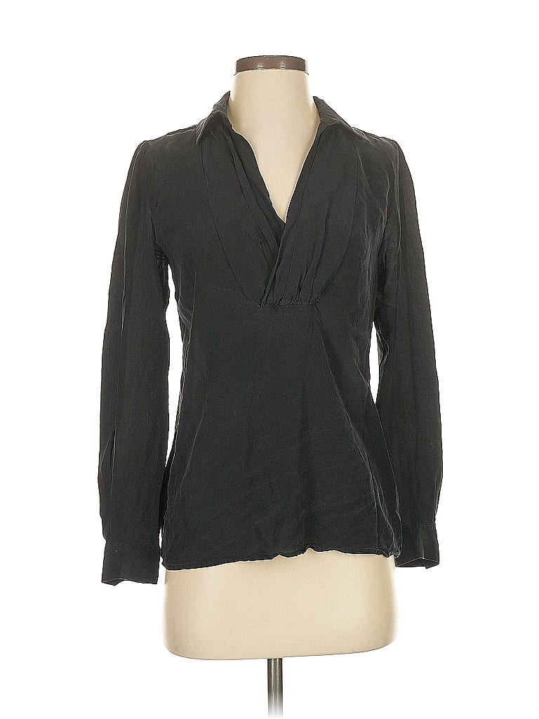 Pre-owned Assorted Brands Long Sleeve Silk Top Gray Plunge Neckline Tops