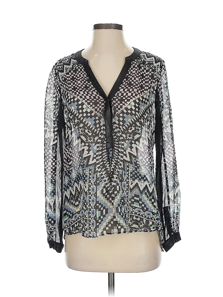 Click to view more detailed imagery on our partner's website Pre-owned Hale Bob Long Sleeve Silk Top Silver Print Pattern Plunge Neckline Tops