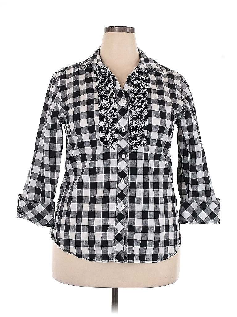 Foxcroft 100% Cotton Checkered-gingham Black 3/4 Sleeve Button-Down Shirt Size 16 - photo 1
