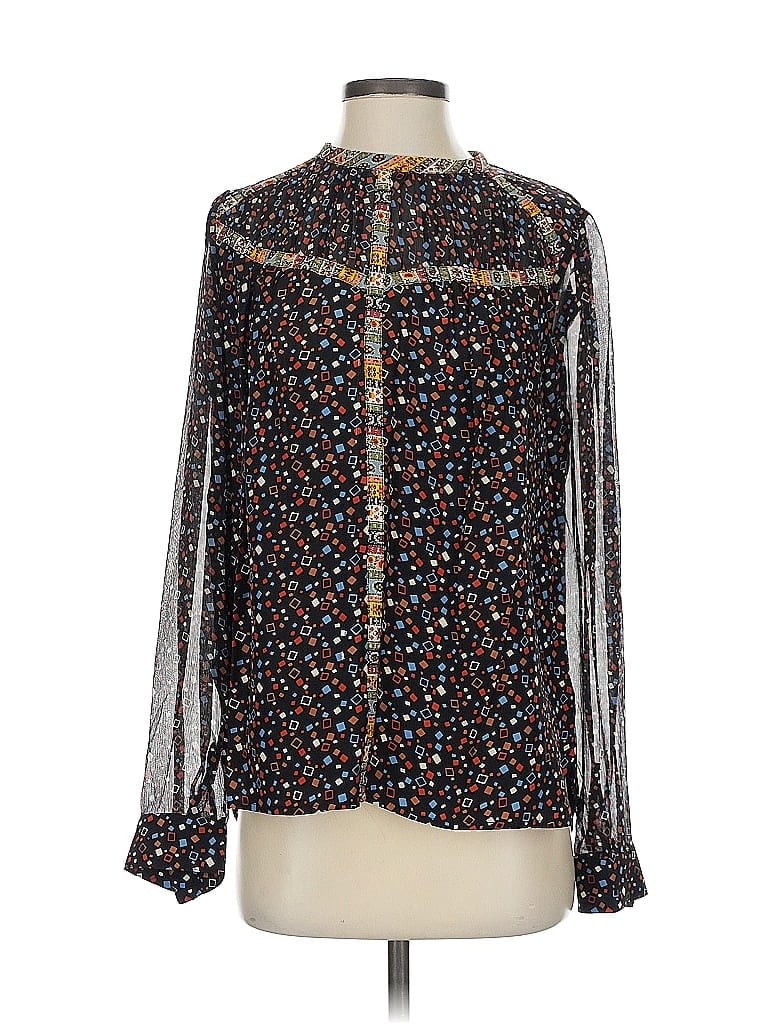 Pre-owned Burning Torch Long Sleeve Silk Top Black Mock Neckline Tops