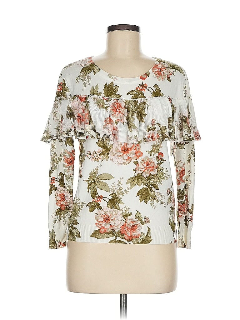 Pre-owned Harlyn Long Sleeve Top White Floral Pattern Ruffles Neckline Tops