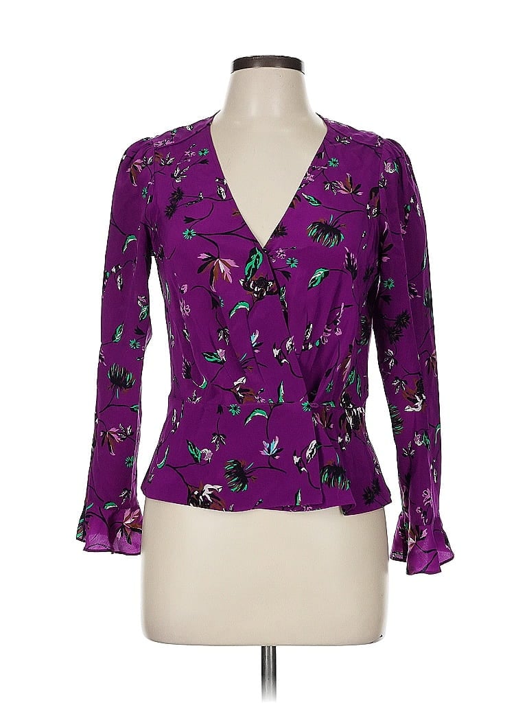 Pre-owned Tanya Taylor Long Sleeve Silk Top Purple Plunge Neckline Tops