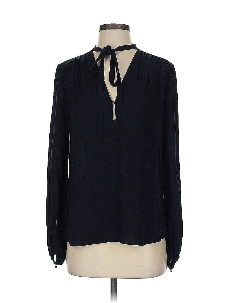Pre-owned Theory Long Sleeve Silk Top Black Keyhole Neckline Tops